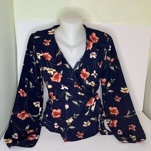Monteau Navy Floral Wrap Blouse with Coral & Cream Blooms
